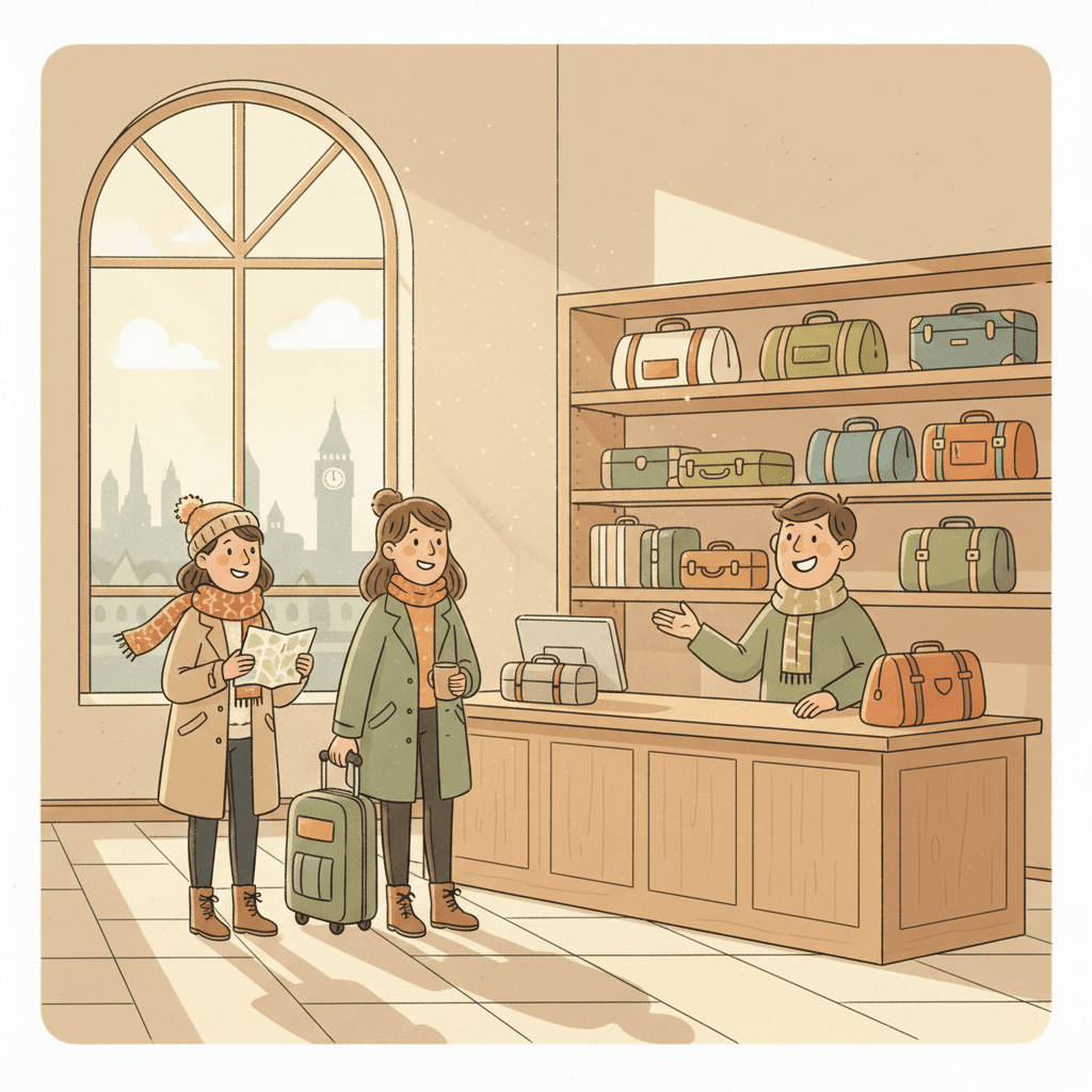 Warm whimsical illustration of travellers leaving plain suitcases at a tidy luggage storage counter, no logos and no readable text