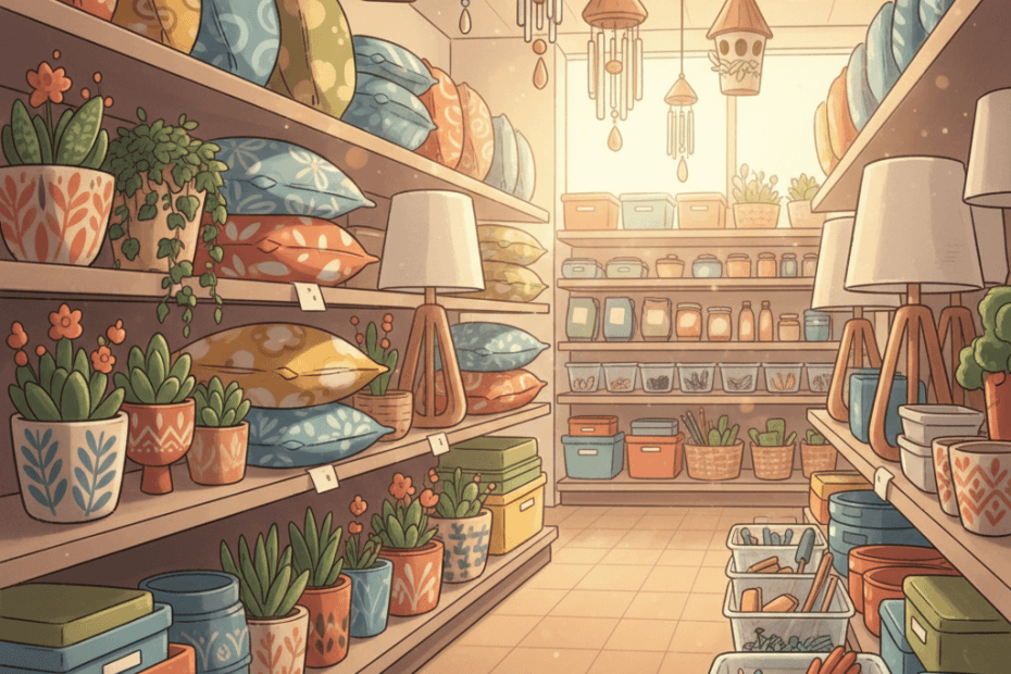 Warm whimsical illustration of a homeware aisle with cushions, garden pots, lamps and DIY boxes, no logos and no readable text