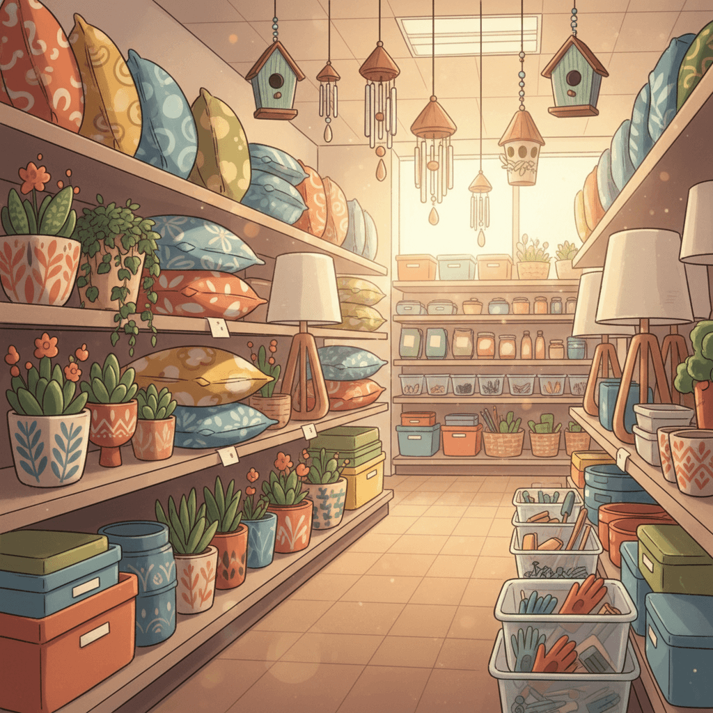 Warm whimsical illustration of a homeware aisle with cushions, garden pots, lamps and DIY boxes, no logos and no readable text