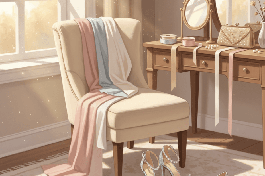 Warm whimsical illustration of elegant occasion shoes beside a mirror, ribbon and fabric swatches, no logos and no readable text