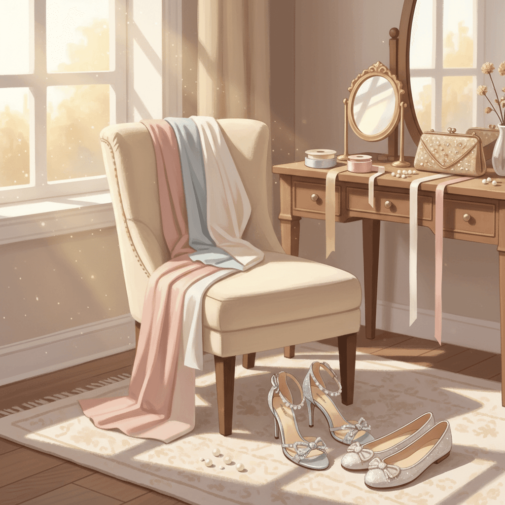 Warm whimsical illustration of elegant occasion shoes beside a mirror, ribbon and fabric swatches, no logos and no readable text