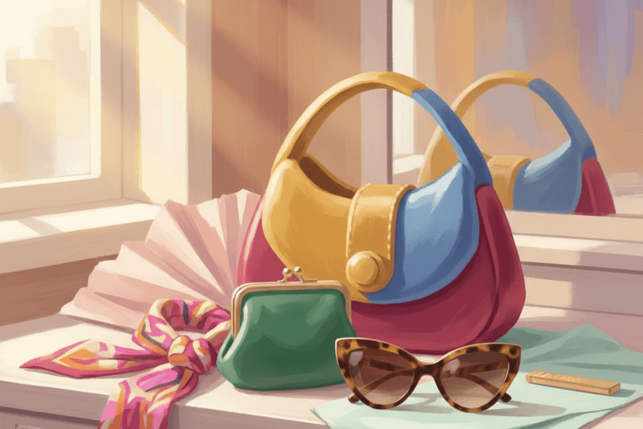 Warm whimsical illustration of a colourful statement handbag, scarf and accessories on a dressing table, no logos and no readable text