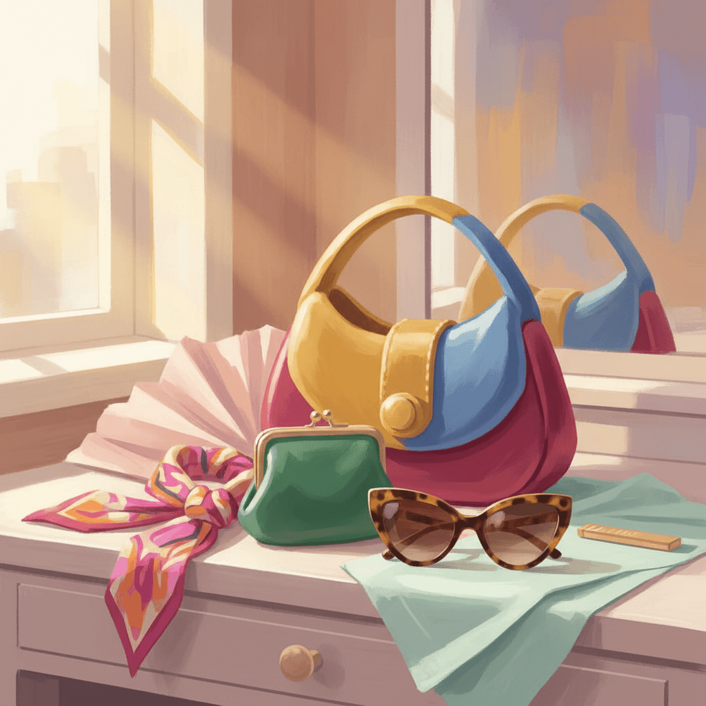 Warm whimsical illustration of a colourful statement handbag, scarf and accessories on a dressing table, no logos and no readable text