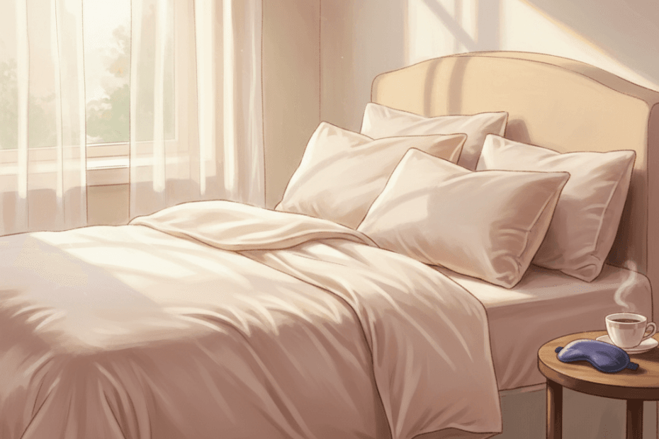 Warm whimsical illustration of a calm bedroom with silk bedding, soft pillows and morning light, no logos and no readable text
