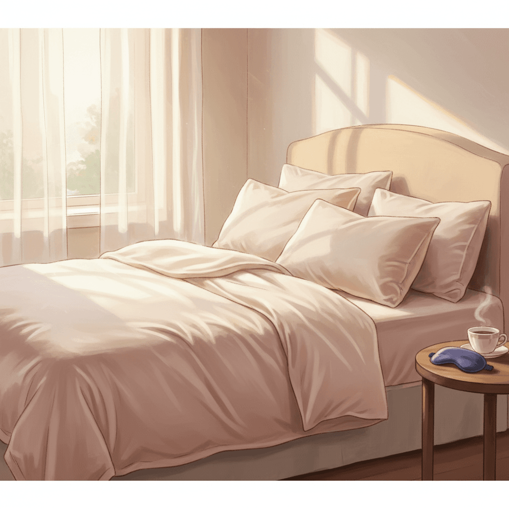 Warm whimsical illustration of a calm bedroom with silk bedding, soft pillows and morning light, no logos and no readable text