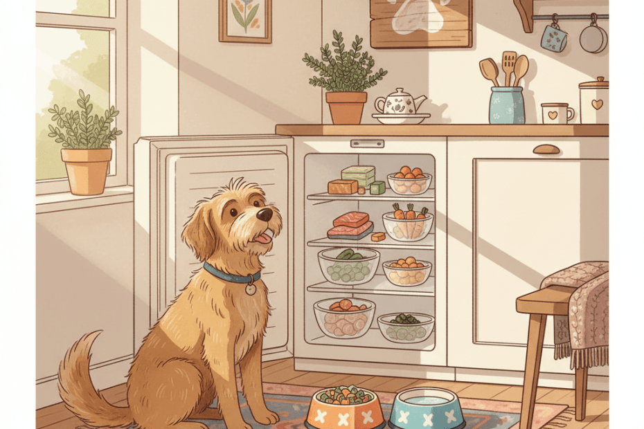 Warm whimsical illustration of a happy dog beside a tidy kitchen freezer drawer and colourful bowls of fresh food, with no logos or readable labels