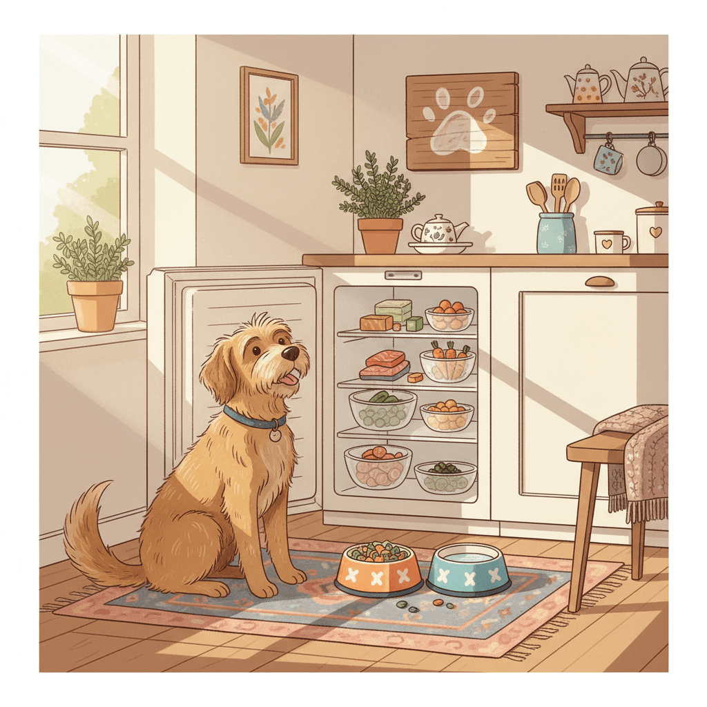 Warm whimsical illustration of a happy dog beside a tidy kitchen freezer drawer and colourful bowls of fresh food, with no logos or readable labels