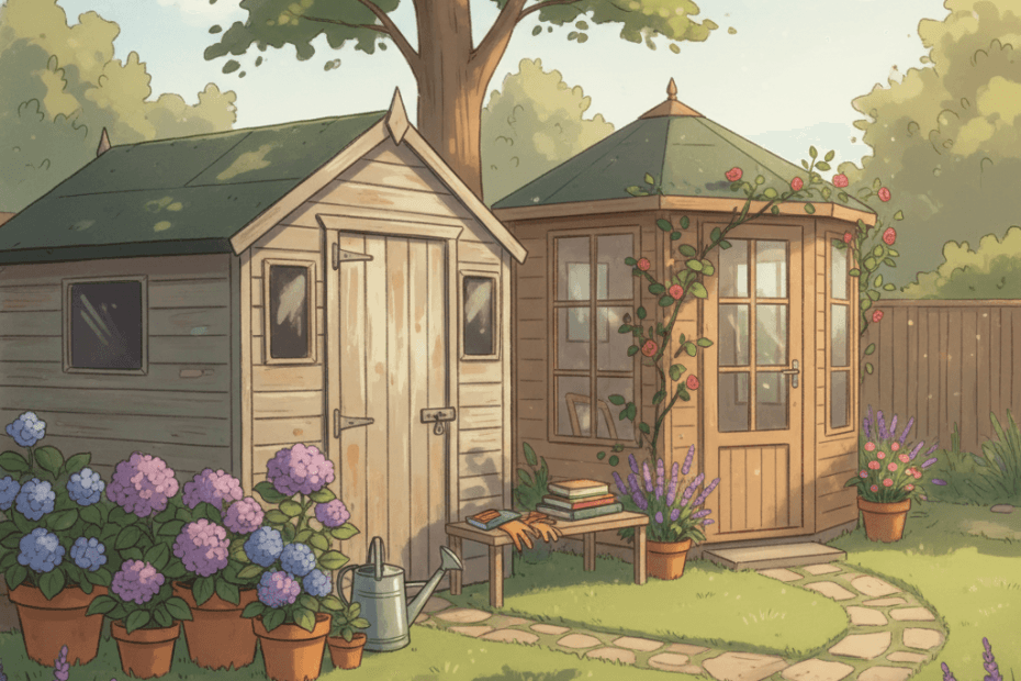 Warm whimsical illustration of a tidy British garden with an unbranded wooden shed, potted plants and soft morning light, no logos and no readable text