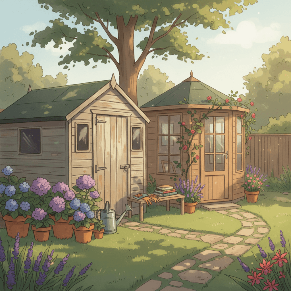 Warm whimsical illustration of a tidy British garden with an unbranded wooden shed, potted plants and soft morning light, no logos and no readable text