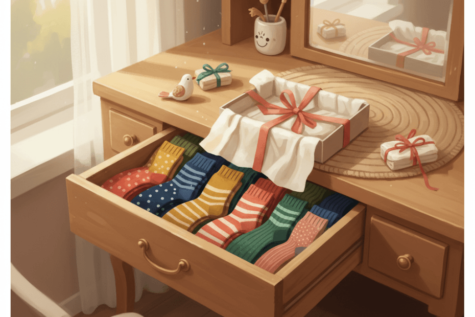 Warm whimsical illustration of an open sock drawer with colourful unbranded socks, tissue paper and a tidy bedroom scene, no logos and no readable text