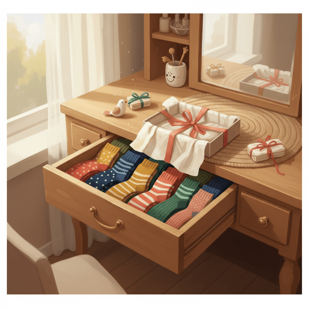 Warm whimsical illustration of an open sock drawer with colourful unbranded socks, tissue paper and a tidy bedroom scene, no logos and no readable text