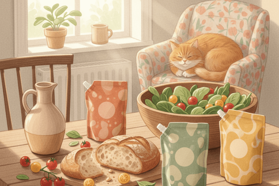 Warm whimsical illustration of a British kitchen table with olive oil, bread, herbs and refill pouches, no logos and no readable text