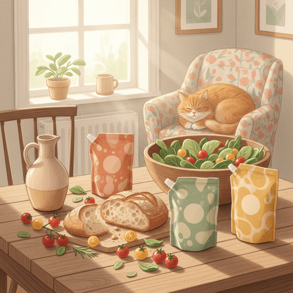 Warm whimsical illustration of a British kitchen table with olive oil, bread, herbs and refill pouches, no logos and no readable text
