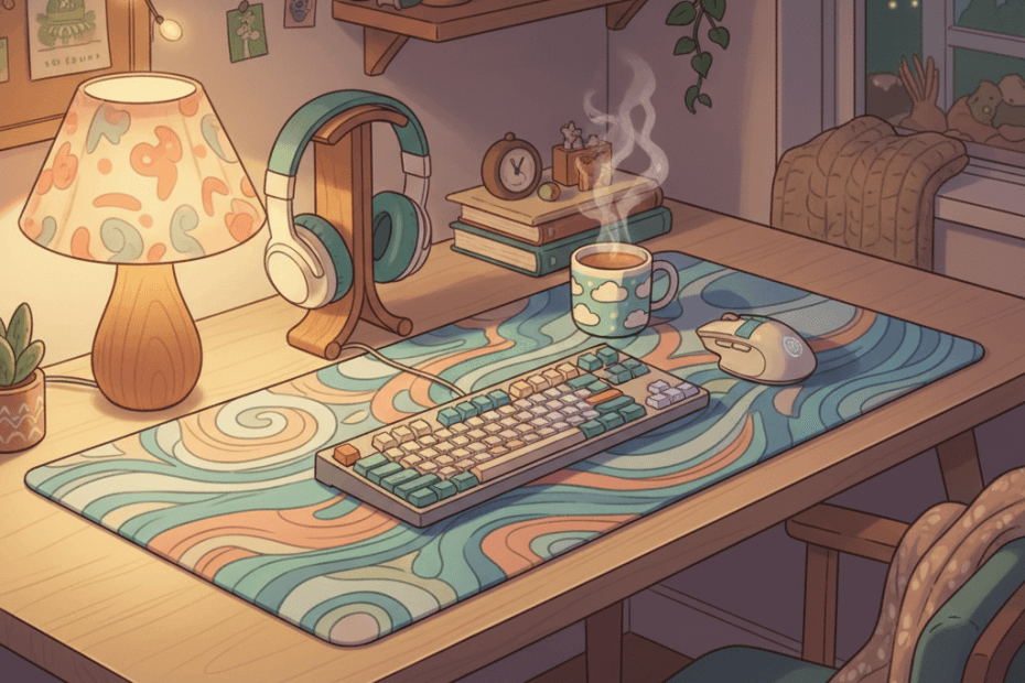 Warm whimsical illustration of a cosy gaming desk with an oversized colourful unbranded desk mat, keyboard, mouse and soft lamp glow, no logos or readable text