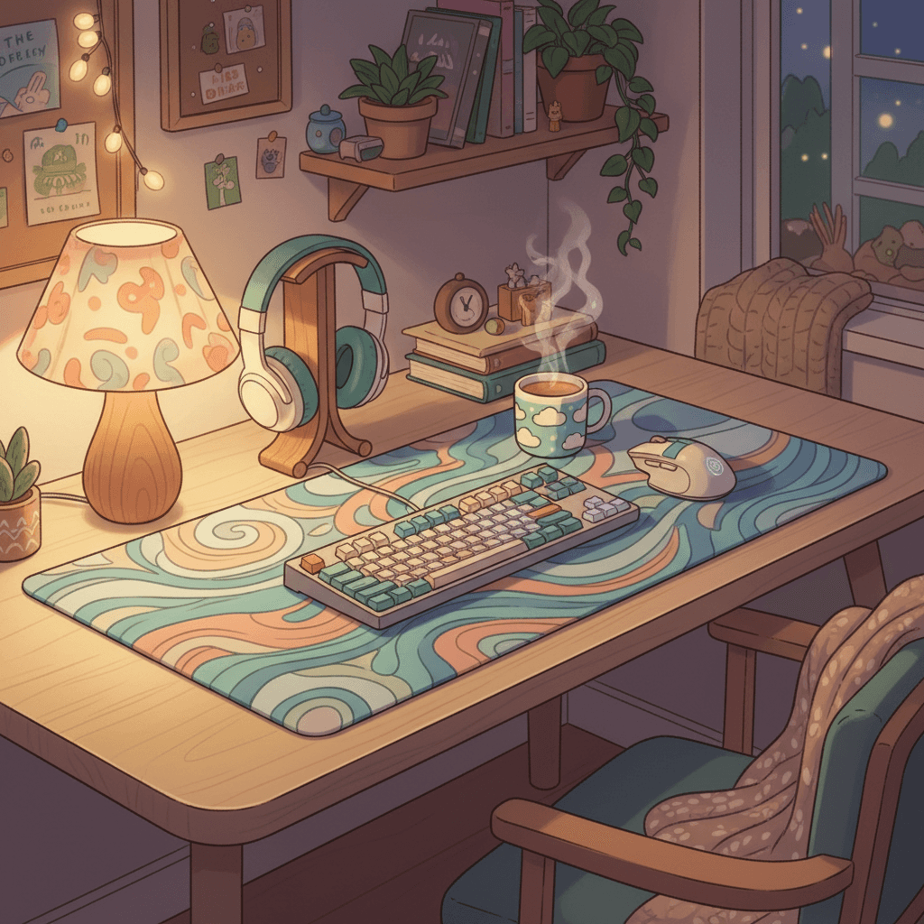 Warm whimsical illustration of a cosy gaming desk with an oversized colourful unbranded desk mat, keyboard, mouse and soft lamp glow, no logos or readable text