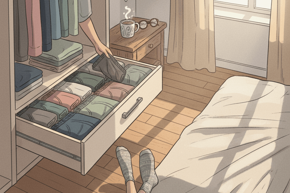 Warm whimsical illustration of a neat wardrobe drawer with folded bamboo boxer briefs, soft morning light and playful everyday menswear details, with no logos or readable text