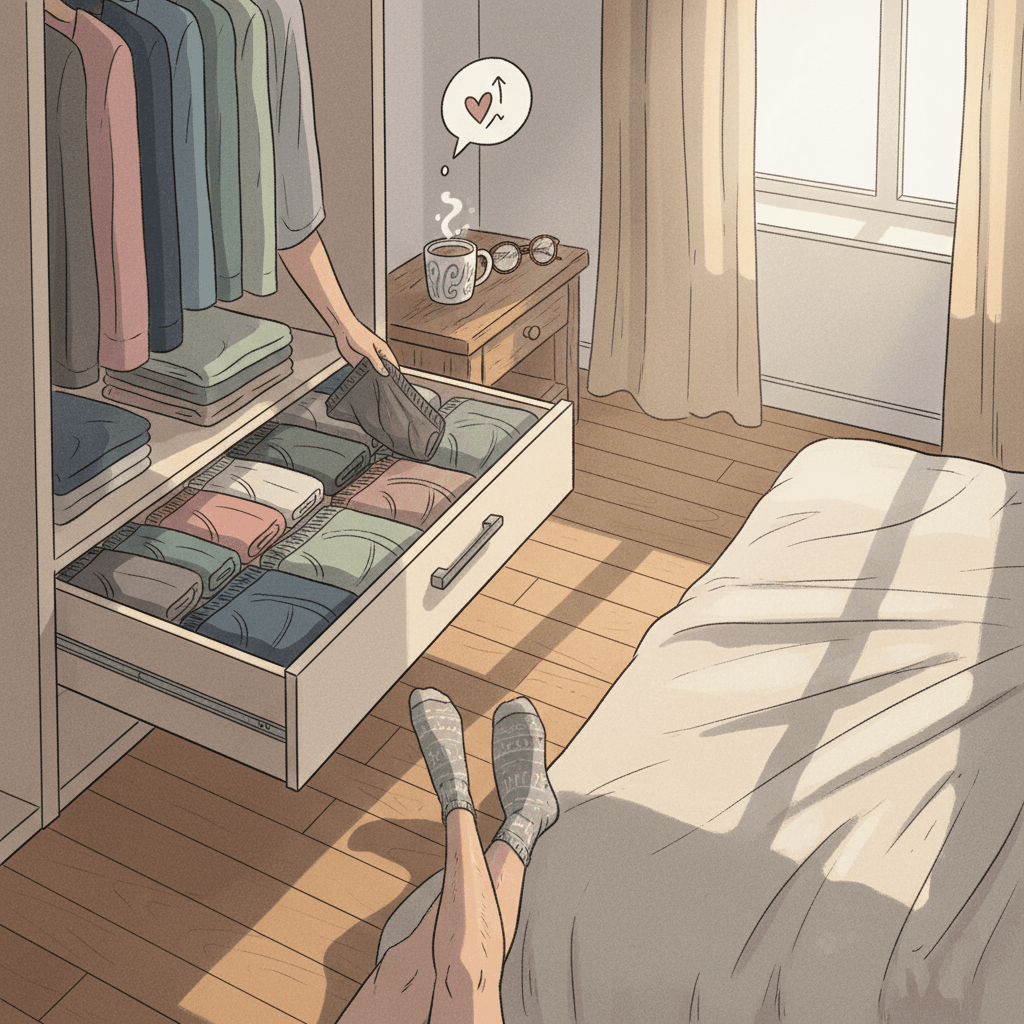 Warm whimsical illustration of a neat wardrobe drawer with folded bamboo boxer briefs, soft morning light and playful everyday menswear details, with no logos or readable text