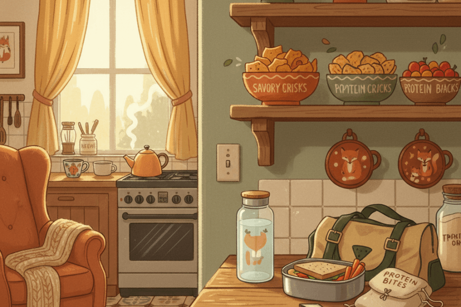 Warm whimsical illustrated kitchen snack shelf with colourful unbranded savoury snack bowls, lunch boxes and gym bag details, no logos or readable text