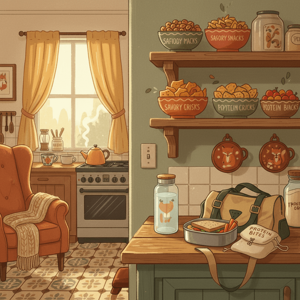 Warm whimsical illustrated kitchen snack shelf with colourful unbranded savoury snack bowls, lunch boxes and gym bag details, no logos or readable text