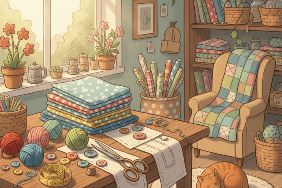 Warm whimsical illustrated sewing table with folded fabric, yarn balls, scissors and pattern pieces in a cosy craft room, no logos or readable text