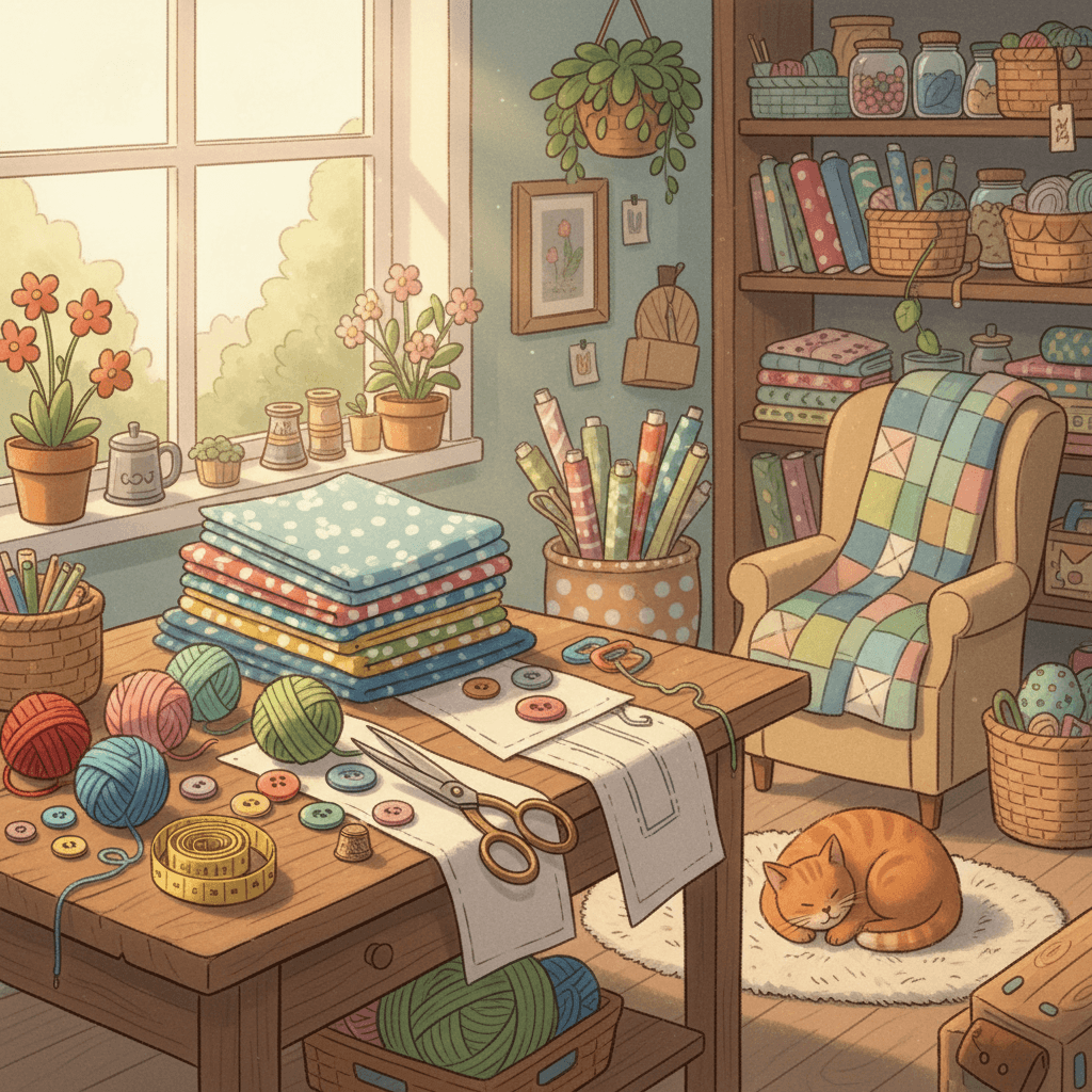 Warm whimsical illustrated sewing table with folded fabric, yarn balls, scissors and pattern pieces in a cosy craft room, no logos or readable text