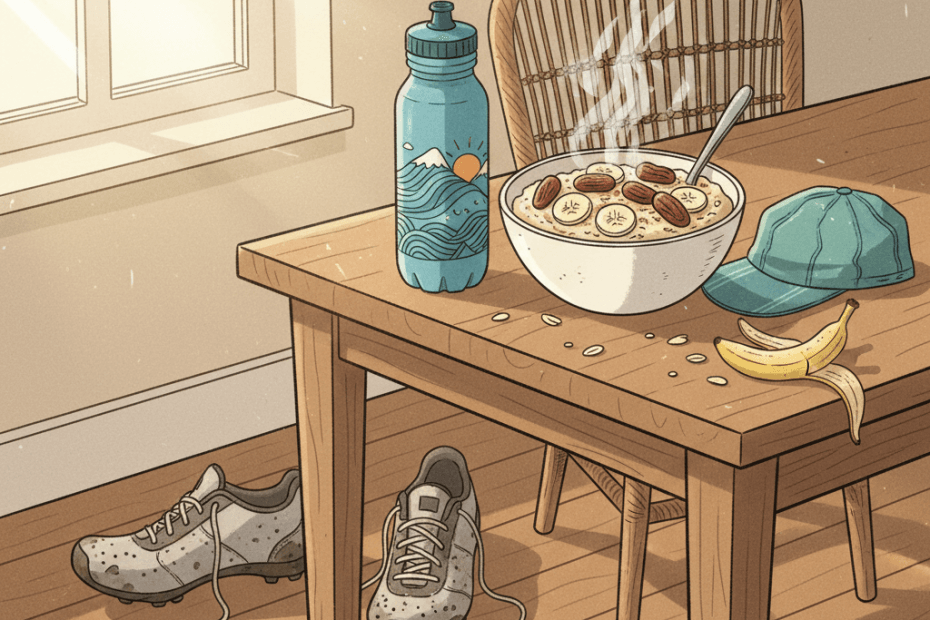 Warm whimsical illustration of a cyclist's kitchen table with oats, dates, water bottles and training notes, no logos or readable text