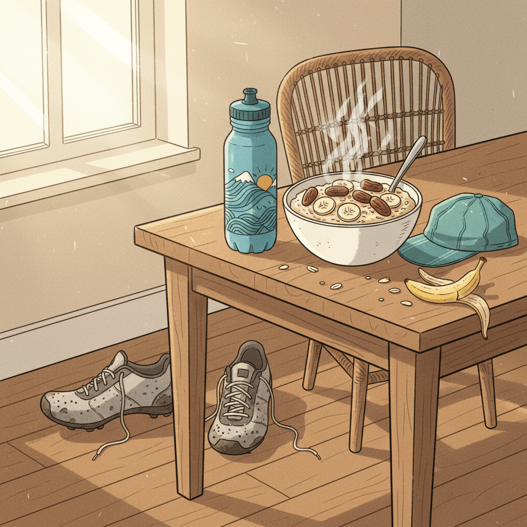 Warm whimsical illustration of a cyclist's kitchen table with oats, dates, water bottles and training notes, no logos or readable text