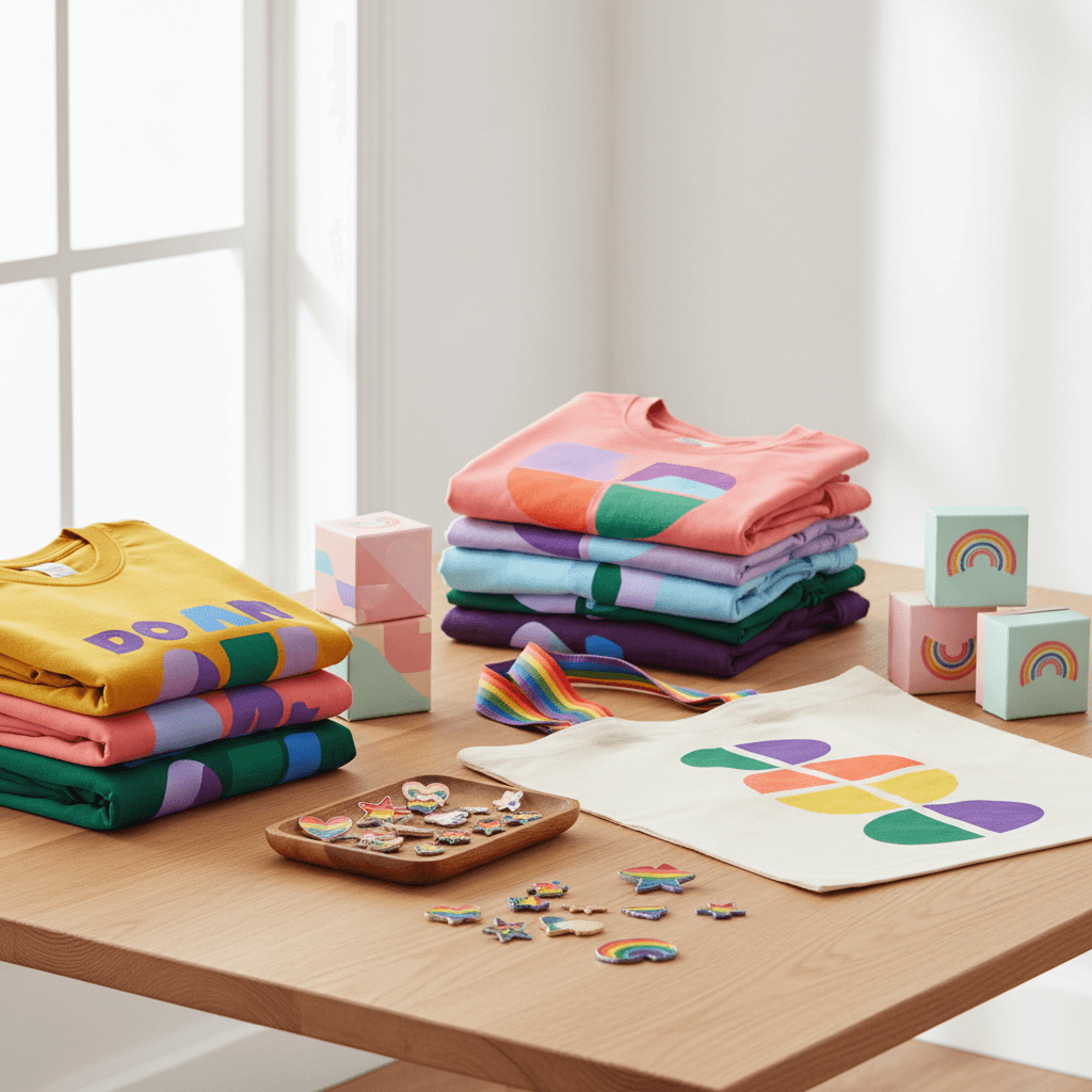 Editorial illustration of colourful folded T-shirts and sweatshirts with bold positive slogan-style graphics