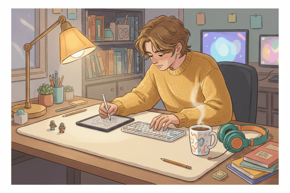 Whimsical illustration of a cosy creative desk setup with an unbranded oversized desk mat and relaxed home-office details