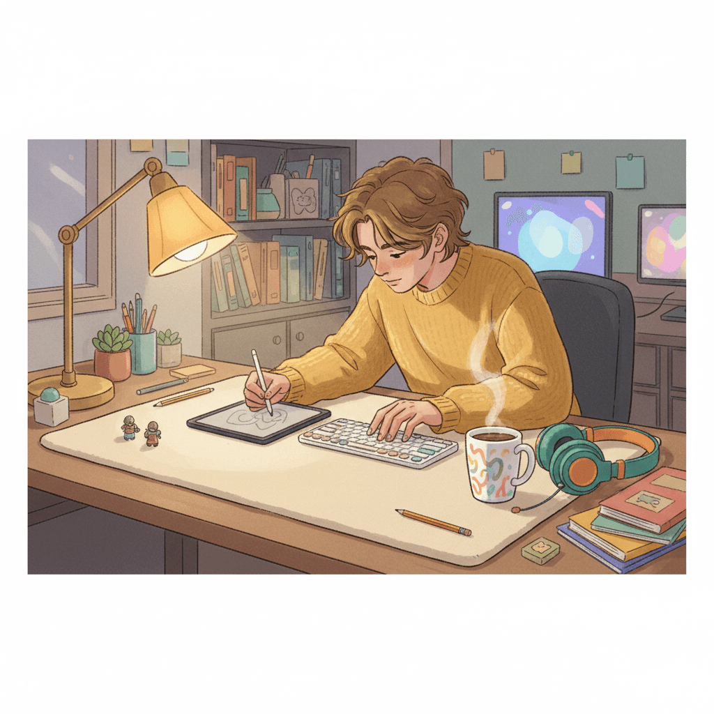 Whimsical illustration of a cosy creative desk setup with an unbranded oversized desk mat and relaxed home-office details