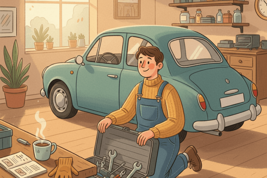 Whimsical illustration of someone preparing for classic car maintenance in a cosy garage with generic tools nearby