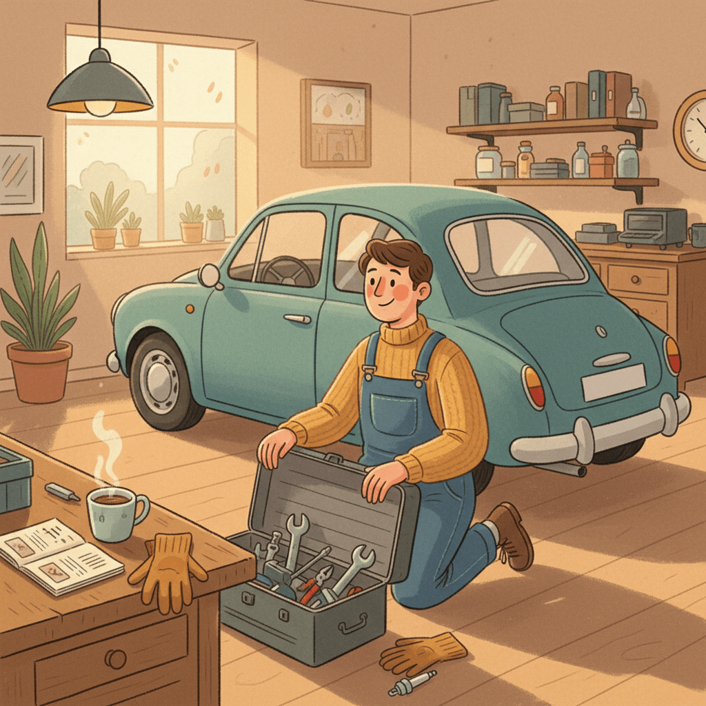 Whimsical illustration of someone preparing for classic car maintenance in a cosy garage with generic tools nearby
