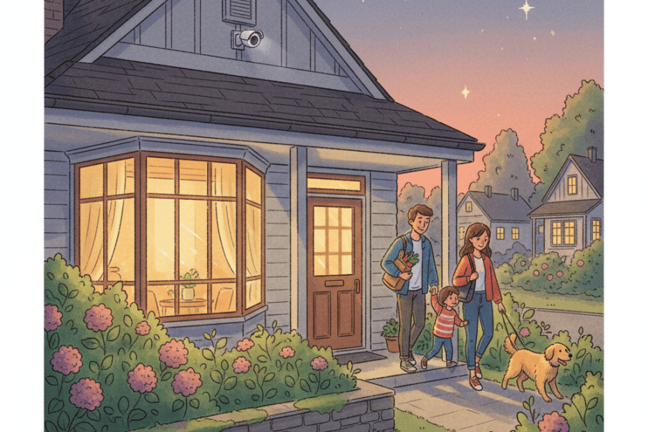 Whimsical illustration of a calm home entrance at dusk with a small unbranded security camera suggested under the eaves