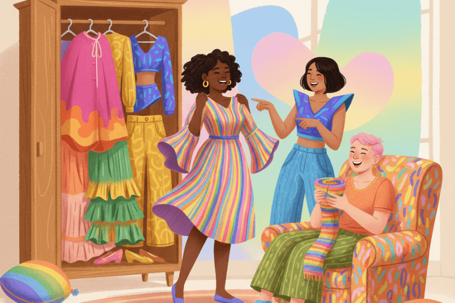 Whimsical illustration of friends enjoying colourful expressive outfits in a sunny room with abstract pattern details and no text
