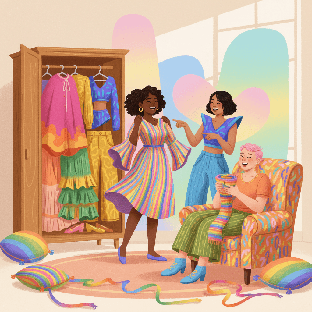 Whimsical illustration of friends enjoying colourful expressive outfits in a sunny room with abstract pattern details and no text