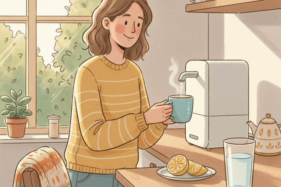 Whimsical illustration of a cosy kitchen tea moment with an unbranded countertop filtered hot water appliance in the background