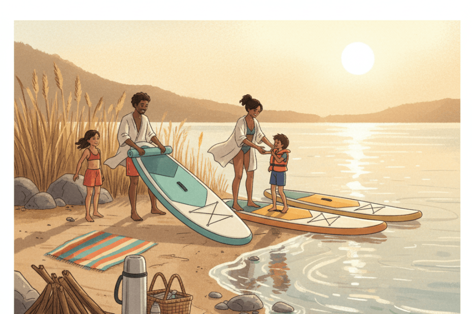 Whimsical illustration of a relaxed paddleboarding moment by calm water with generic unbranded boards and summer details