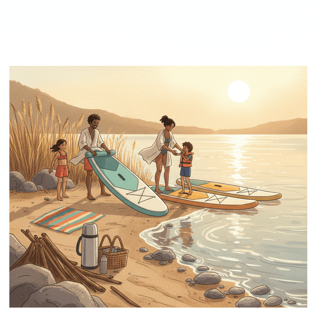 Whimsical illustration of a relaxed paddleboarding moment by calm water with generic unbranded boards and summer details