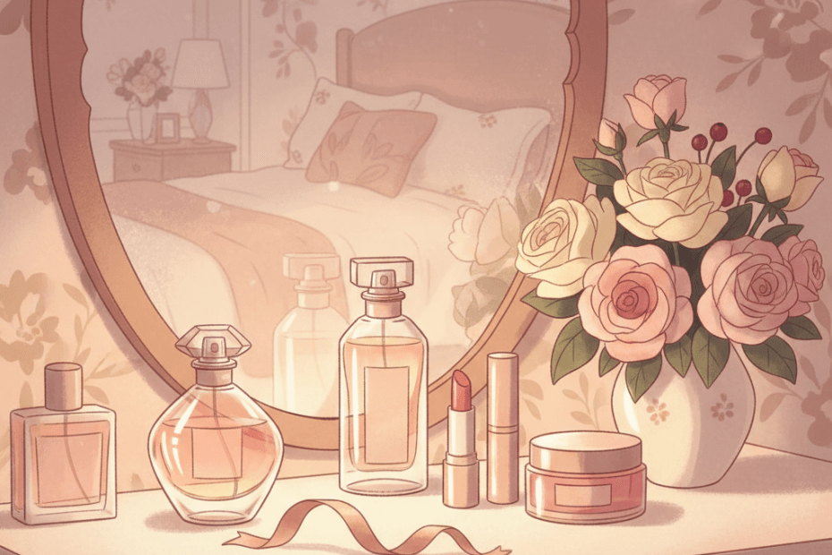 Warm whimsical illustration of a dressing table with perfume bottles, lipstick, gift ribbon and soft golden light, no logos and no readable text