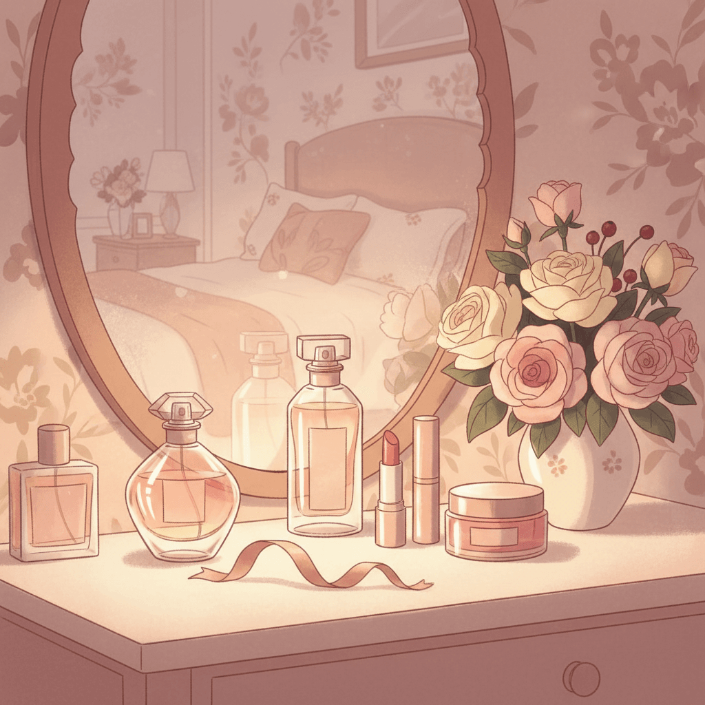 Warm whimsical illustration of a dressing table with perfume bottles, lipstick, gift ribbon and soft golden light, no logos and no readable text