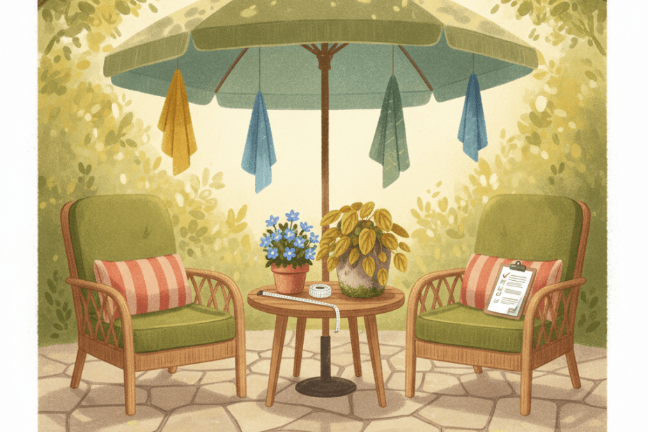 Warm whimsical illustration of a garden patio with unbranded outdoor chairs, cushions, parasol fabric samples and delivery notes, no logos or readable text
