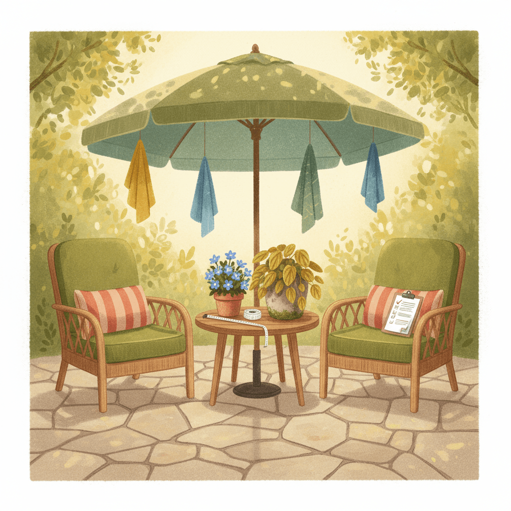Warm whimsical illustration of a garden patio with unbranded outdoor chairs, cushions, parasol fabric samples and delivery notes, no logos or readable text