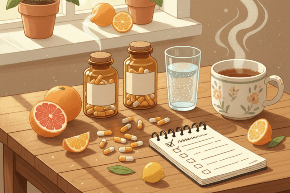 Warm whimsical illustration of a kitchen table with unbranded supplement jars, fruit, tea, notebooks and morning light, no logos or readable text