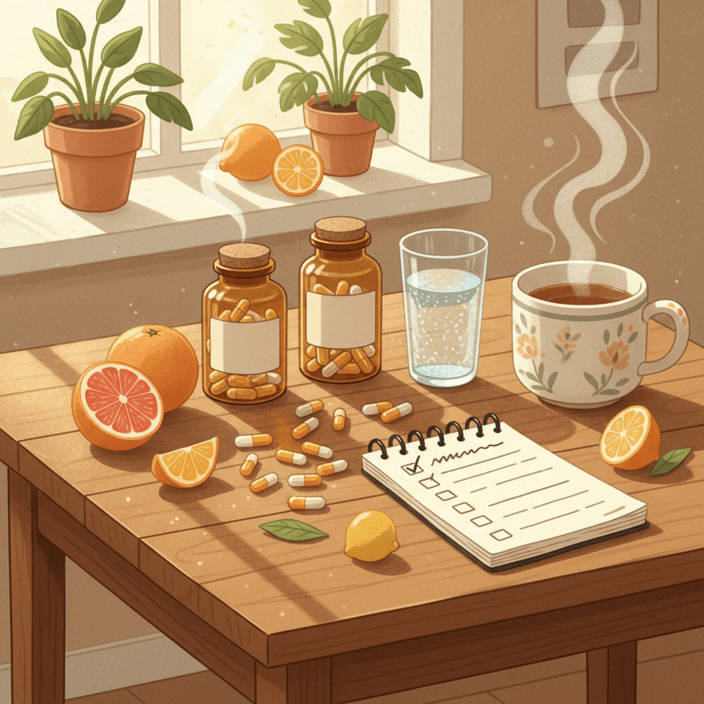 Warm whimsical illustration of a kitchen table with unbranded supplement jars, fruit, tea, notebooks and morning light, no logos or readable text