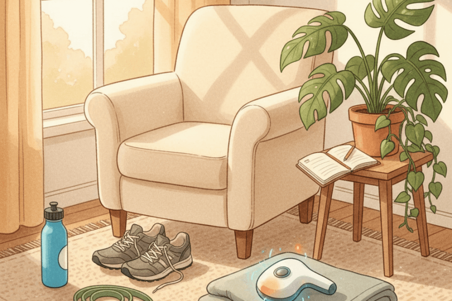 Warm whimsical illustration of a cosy recovery corner with an unbranded handheld wellness device, trainers, towel, water bottle and houseplants, no logos or readable text