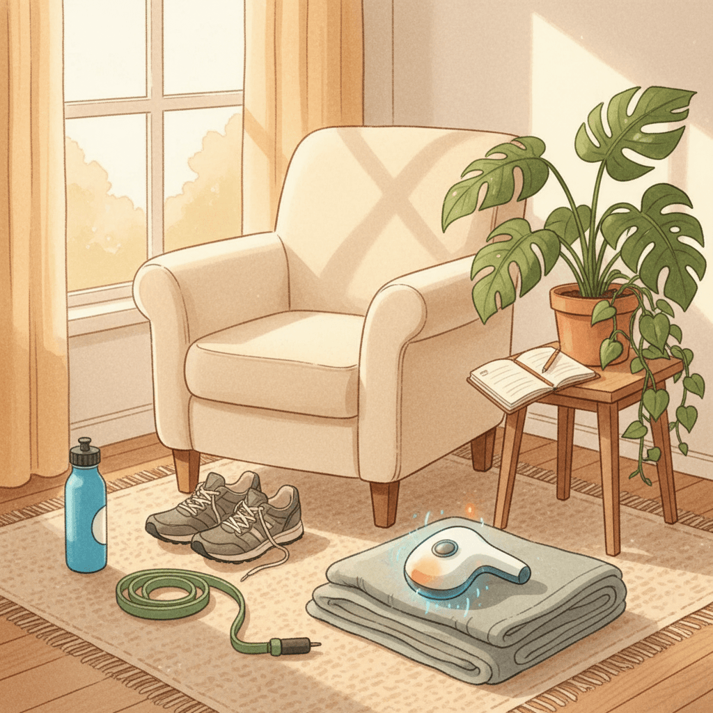 Warm whimsical illustration of a cosy recovery corner with an unbranded handheld wellness device, trainers, towel, water bottle and houseplants, no logos or readable text