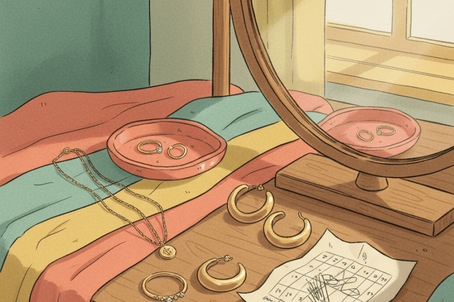 Warm whimsical illustration of a dressing table with unbranded gold-tone jewellery, ring dishes, size notes and soft light, no logos or readable text