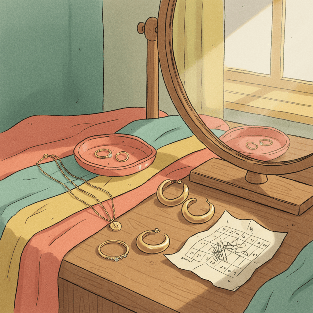 Warm whimsical illustration of a dressing table with unbranded gold-tone jewellery, ring dishes, size notes and soft light, no logos or readable text