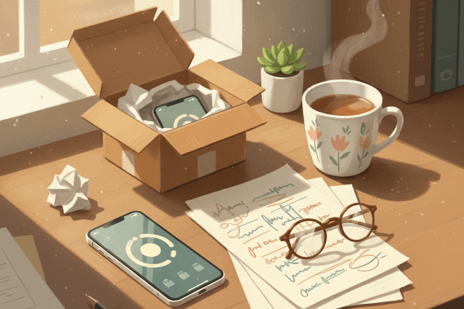 Warm illustrated desk scene with a refurbished smartphone, parcel box and careful comparison notes