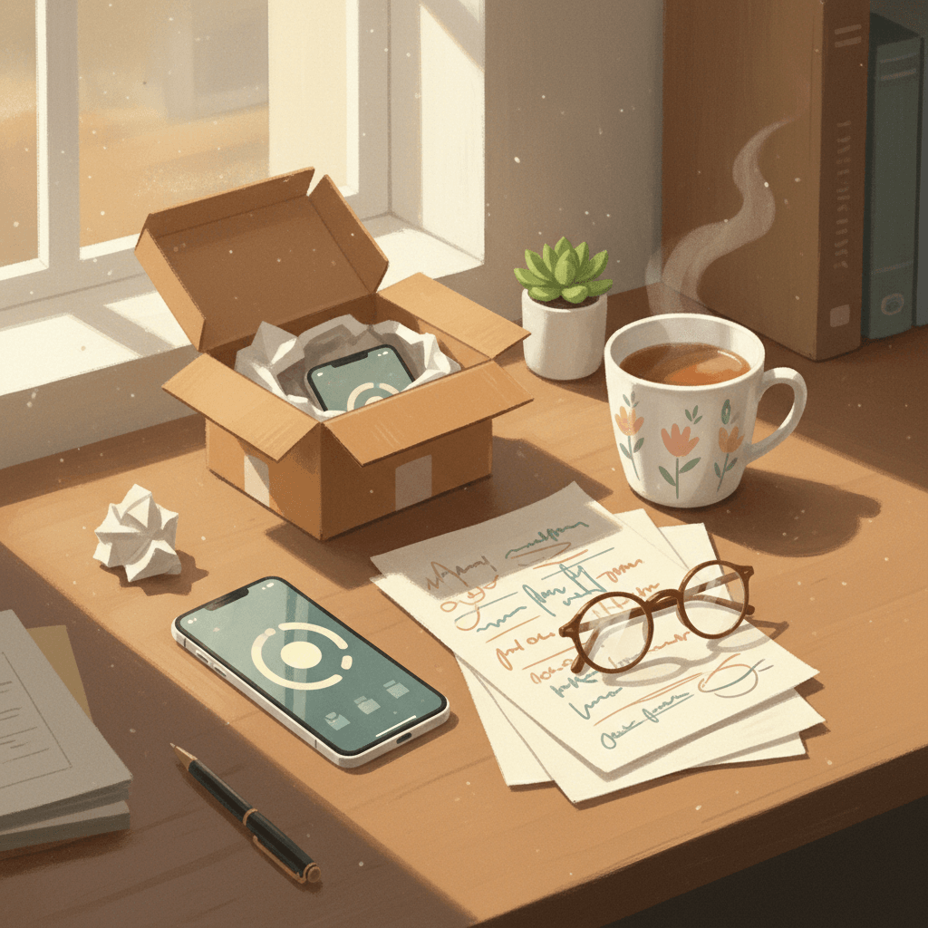 Warm illustrated desk scene with a refurbished smartphone, parcel box and careful comparison notes